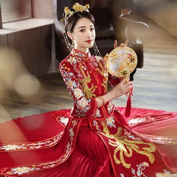 2021 Китайское традиционное свадебное платье Элегантной невесты Винтажное длинное с вышивкой феникса, стильное Чонсам китайская одежда
