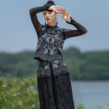 2023 Женская одежда в китайском национальном стиле, жаккардовые вышиванки с эластичной резинкой на талии, повседневные брюки свободного покроя в стиле ретро, широкие брюки