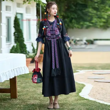 2023 китайское винтажное платье без рукавов с национальной цветочной вышивкой, лоскутное платье, традиционное винтажное восточное этническое народное платье