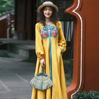 2023 новое платье в китайском стиле с элементами хань, улучшенное платье hanfu, новое осеннее винтажное платье с вышивкой в ретро-этническом стиле с длинными рукавами g886