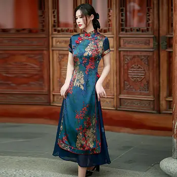 2023 осеннее новое вьетнамское платье aodai в китайском стиле, женское винтажное длинное платье с цветочным принтом, ципао, китайское элегантное платье чонсам a90