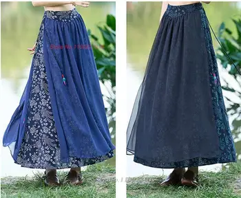 2023 традиционная китайская юбка трапециевидной формы с цветочным принтом, хлопковая льняная кружевная юбка, женские китайские ретро-юбки, юбка для национальных народных танцев