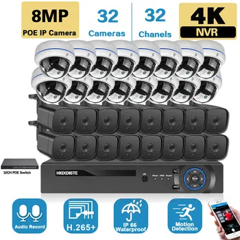 32CH 4K NVR HD POE Комплект Наружная Система видеонаблюдения 8MP Металлическая POE IP Пуля Купольная Камера Комплект Системы Видеонаблюдения XMEYE 24CH