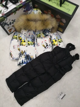80 см -140 см 2021 Зимняя куртка Детские пуховики и брюки на утином пуху с меховым капюшоном для девочек, зимний костюм для мальчиков, комплект верхней одежды, лыжный костюм