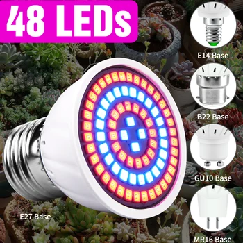 E14 LED Grow Light Светодиодная лампа Полного спектра E27 Phytolamp GU10 MR16 220V Для Выращивания В Палатке В помещении 2835SMD 48 60 80led Лампы Для Растений B22