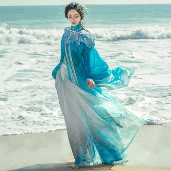 Hanfu Косплей, китайская вышивка, воротник-стойка, Длинная рубашка, Юбка с лошадиным лицом, Костюм Han, Женское синее платье Hanfu