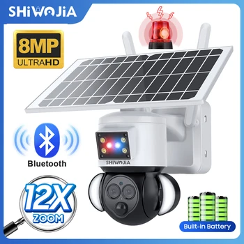 SHIWOJIA 4K 8MP Солнечная камера WIFI Bluetooth Двухобъективное Видеонаблюдение с 12-кратным Оптическим зумом, Гуманоидное Отслеживание, Наружная камера на солнечной панели