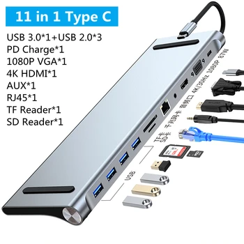 USB-Концентратор Адаптер USB C Концентратор 3 0 OTG Разветвитель 4K HDMI RJ45 VGA SD TF Кардридер Док-станция для MacBook Air Аксессуары Для Ноутбуков