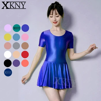 XCKNY атласное гладкое глянцевое платье маслянистого цвета с коротким рукавом, спортивная юбка для плавания, йоги, Балетная юбка, юбка для вечеринок с длинным рукавом, купальник
