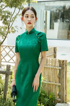 Yourqipao Китайское Винтажное Ципао Темно-Зеленое Улучшенное Ретро Элегантное Тонкое Длинное Платье Ципао Традиционная Одежда для женщин