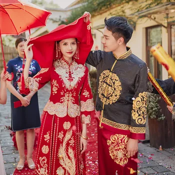 Yourqipao Традиционный Китайский Стиль Свадебные Платья Для Невесты и Жениха Древний Красный Феникс Choengsam Vestidos Традиционный Свадебный