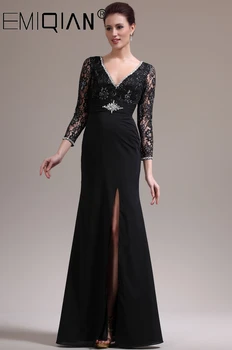 Великолепное платье для матери невесты с V-образным вырезом и рукавами 3/4 из черного шифона и кружева