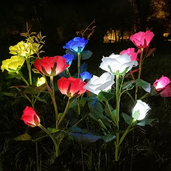 Версия солнечного сада с подсветкой, Солнечные фонари, наружные 3 головки, розовые фонари, Украшение сада во дворе, Солнечная панель, более реалистичный цветок розы