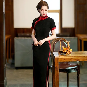 Весна-осень 2023, Новое Черное Приталенное Традиционное платье Чонсам в китайском стиле, Модное и достойное вечернее платье Ципао