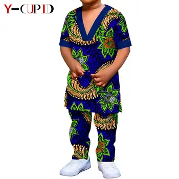 Детская одежда Для мальчиков в Африканском стиле, Дашики, Африканская Одежда, Базен, Летний Хлопковый Топ с коротким рукавом и Глубоким V-образным вырезом, Футболка и брюки, Комплекты Y224015
