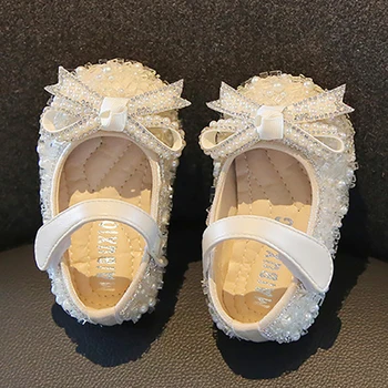Детские туфли First Walker Для девочек, Тонкие туфли с бантом и Жемчугом, Подарок На день рождения, Обувь Принцессы для маленьких девочек, Детские свадебные туфли