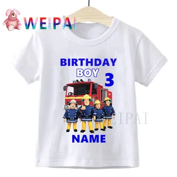 Детский Пожарный Сэм, День Рождения, Номер от 1 до 9, Детская одежда с Мультяшным принтом, Футболки для мальчиков и девочек, с надписью Имени, Забавная Подарочная футболка для малышей от 24 м до 8 лет