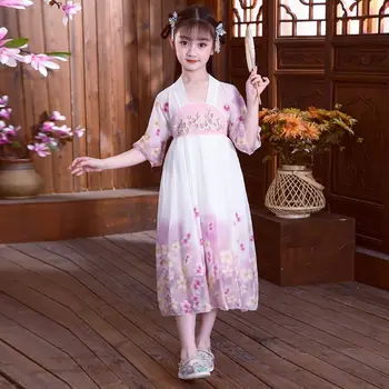 Древнекитайский традиционный костюм Hanfu/ Детские летние платья феи для девочек, праздничное розово-голубое платье с цветочным рисунком