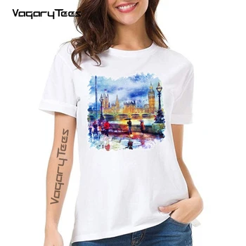 Европейская достопримечательность знаменитого города, крутая футболка, женская летняя новая белая крутая футболка Geek, Лондонский дождь, акварельный принт, женская футболка