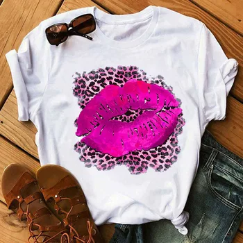 Женская футболка с принтом в виде розово-красных леопардовых губ С коротким рукавом и круглым вырезом, Свободная Женская футболка, Женская футболка, Топы Camisetas Mujer