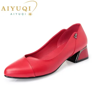 Женские модельные туфли AIYUQI 2023, весенняя новинка, женская модная обувь из натуральной кожи, красные офисные туфли с мелким носком, женские