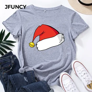 Женские хлопковые топы JFUNCY, рождественская футболка с принтом шляпы Санта-Клауса, Женская повседневная футболка, Женские футболки с коротким рукавом и рисунком
