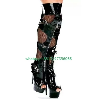 Женские черные сапоги выше колена из искусственной кожи в стиле панк с открытым носком и заклепками, сапоги выше колена на шпильке с ремешком и пряжкой, зеркальные сапоги с вырезами из искусственной сетки, размер