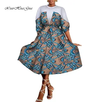 Женское африканское платье с белым кружевом Африканские восковые платья с принтом Хлопок Анкара Платье с высокой талией Женская африканская одежда WY2170