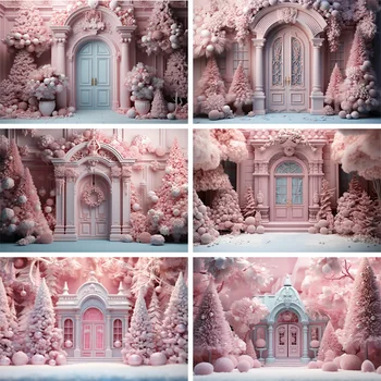 Зимний Розовый Дом На Заднем Плане Рождественская Елка Снег Мраморная Стена Дверь Портрет Принцессы На День Рождения Фото Фоны для Фотосъемки Баннер