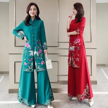 Китайская Традиционная одежда Миди-двойка В Китайском Стиле, Винтажные женские топы Ципао, Комплект Брюк с вышивкой, Костюм Тан