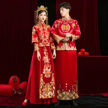 Китайская Традиционная Одежда Невесты В Стиле Пратенсис, Пара Красных Вечерних Платьев, Свадебное платье, Женское Платье, Тонкий Халат Чонсам