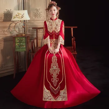 Китайский Традиционный Высококлассный Изысканный Свадебный Костюм с Вышивкой Чонсам Для пары Элегантное Свадебное Платье китайская одежда