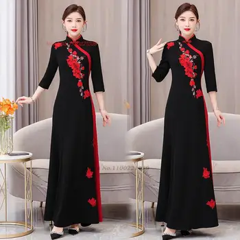 китайское винтажное платье 2023 года, улучшенное вечернее платье с цветочной вышивкой чонсам, восточное элегантное платье qipao vestido для банкета и вечеринки