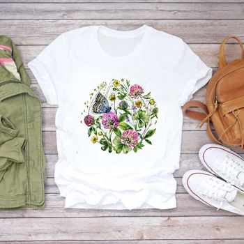 Летняя футболка Harajuku 90-х с мультяшным цветочным узором, Женская футболка с короткими рукавами, Стиль акварельной живописи, Повседневная Женская футболка с Цвето...