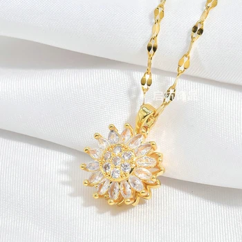 Модные двухслойные Вращающиеся Ожерелья с Подсолнухом Для женщин, сверкающие Колье с циркониевой цепочкой, ювелирные подарки