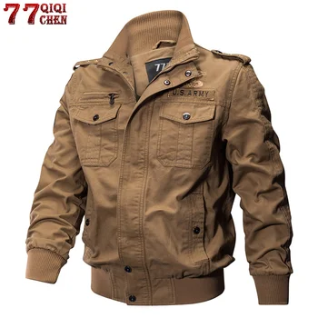 Мужские куртки из 100% хлопка, большие размеры 5XL, весна-осень, Военная куртка-бомбер с несколькими карманами, мужская повседневная летная куртка ВВС, мужская