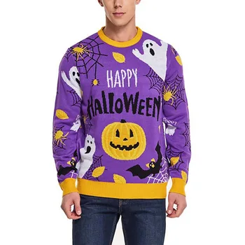 Мужской вязаный свитер с принтом Тыквы на Хэллоуин, джемпер с длинным рукавом, Осенние повседневные Пуловеры, топы, уличная одежда