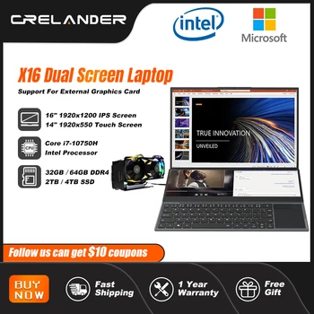 Ноутбук CRELANDER с двойным Экраном 16 Дюймов 14-Дюймовый Сенсорный экран Intel Core I7 10750H Ноутбук ПК Портативный Игровой Ноутбук