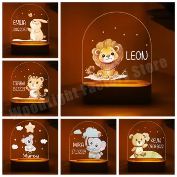Персонализированная Ночная лампа Safari Babies, Изготовленная на заказ Лампа для животных при рождении ребенка с теплым / RGB освещением для Детской спальни, Настольный декор 25 в стиле