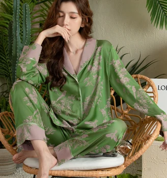 Пижама для женщин Зеленый Комплект из двух предметов, Пижамы с принтом, Атласная домашняя одежда, Пижама с длинным рукавом, Ночная рубашка, Весенняя одежда для отдыха
