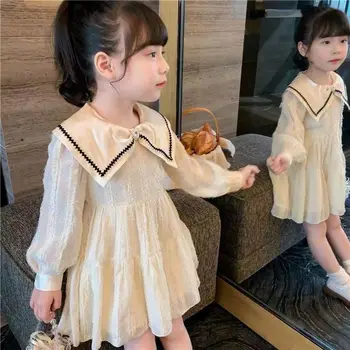 Платье Принцессы с длинными рукавами для маленьких девочек, Милое платье с отложным воротником для девочек, Детская одежда от 2 до 8 лет