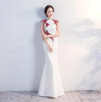 Платье Чонсам с белыми цветами, улучшенное платье невесты с рыбьим хвостом, китайские восточные женщины, сцена с вышивкой Чипао