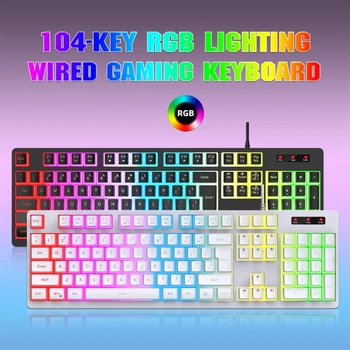 Проводная игровая клавиатура, светодиодная механическая клавиатура с подсветкой RGB, мультимедийные клавиши, компьютерная клавиатура USB с 104 клавишами