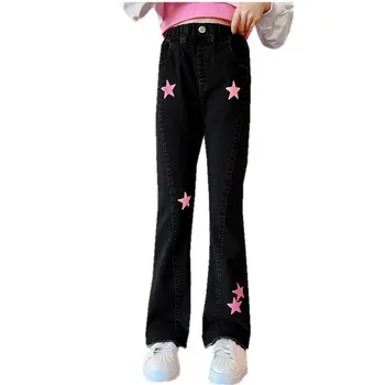 Расклешенные Джинсы для маленьких девочек, Весенние Узкие Джинсовые брюки с рисунком Звезды 2023 года, Модные Детские брюки, Детская одежда от 5 до 14 лет