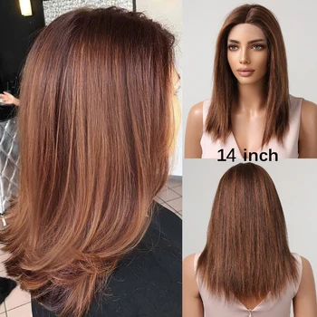 Смешанный Рыжевато-коричневый парик с золотистой изюминкой из человеческих волос на кружеве длиной до плеч, средняя часть, Прямой Боб, Парики для женщин, кубик для стрижки