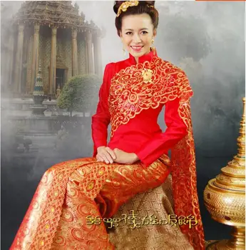 Таиланд Традиционное Свадебное Платье Красная Женская Одежда Красная вышивка Весна Дай Винтаж Юго-Восточная Азия