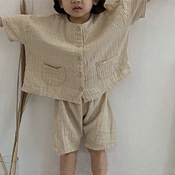 Хлопковый льняной костюм для маленьких мальчиков и девочек, Летние однотонные комплекты повседневной одежды в стиле ретро для детей, Свободная детская одежда в корейском стиле для девочек от 1 до 6 лет