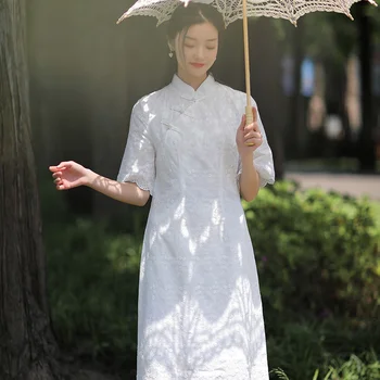 Хлопчатобумажное платье 2022, Китайские традиционные женские платья Ципао, Белые однотонные юбки с вышивкой, Элегантные винтажные Чонсам