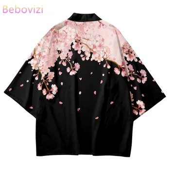 Юката с цветочным принтом Сакуры Для мужчин и женщин, модный кардиган, блузка Haori Obi, азиатская одежда, Японское кимоно для косплея Harajuku