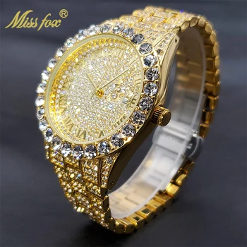 ساعة كلاسيك MISSFOX бренд золотые часы для мужчин полный алмазов стильный мастер стиль, пара часы подарок оптом رجالية ساعات 